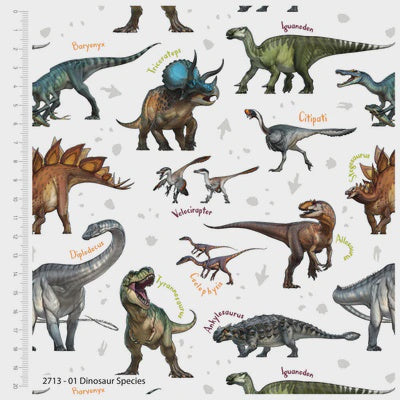 Dinosaur Species - White Fabric