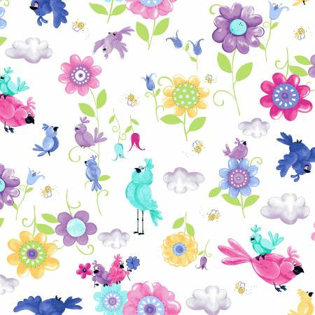 Susybee Birds and Flowers - White