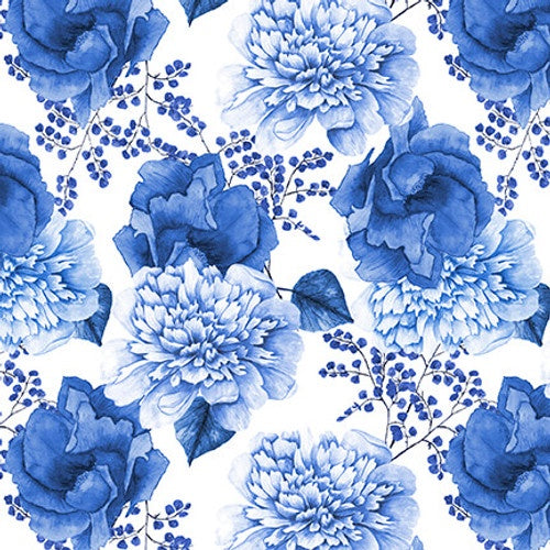 Blank Quilting - Blue Jubilee - Cabbage Rose Medium Blue
