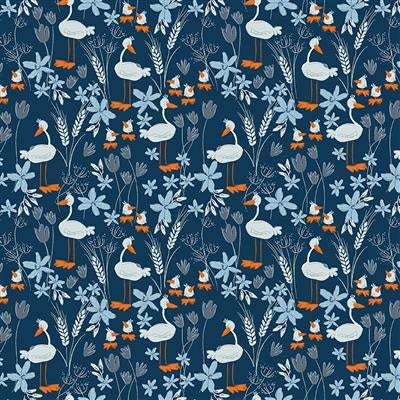 Blue Goose By Meags and Me - Geese and Flowers- Navy (1.6 METRE)